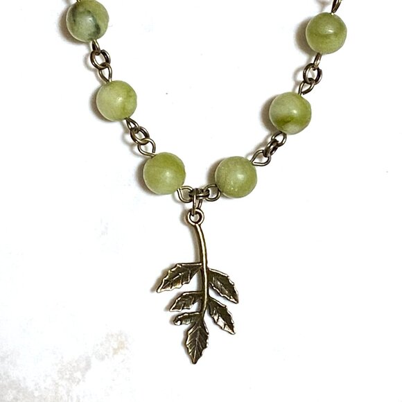 Natural Fern Green Serpentine Necklace, Bronze Leaf Branch + Genuine Gemstone - Picture 4 of 13
